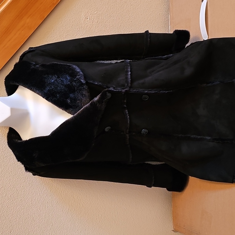 LUCKY BRAND Black Faux Suede Shearling Faux Fur Coat Boho Jacket M